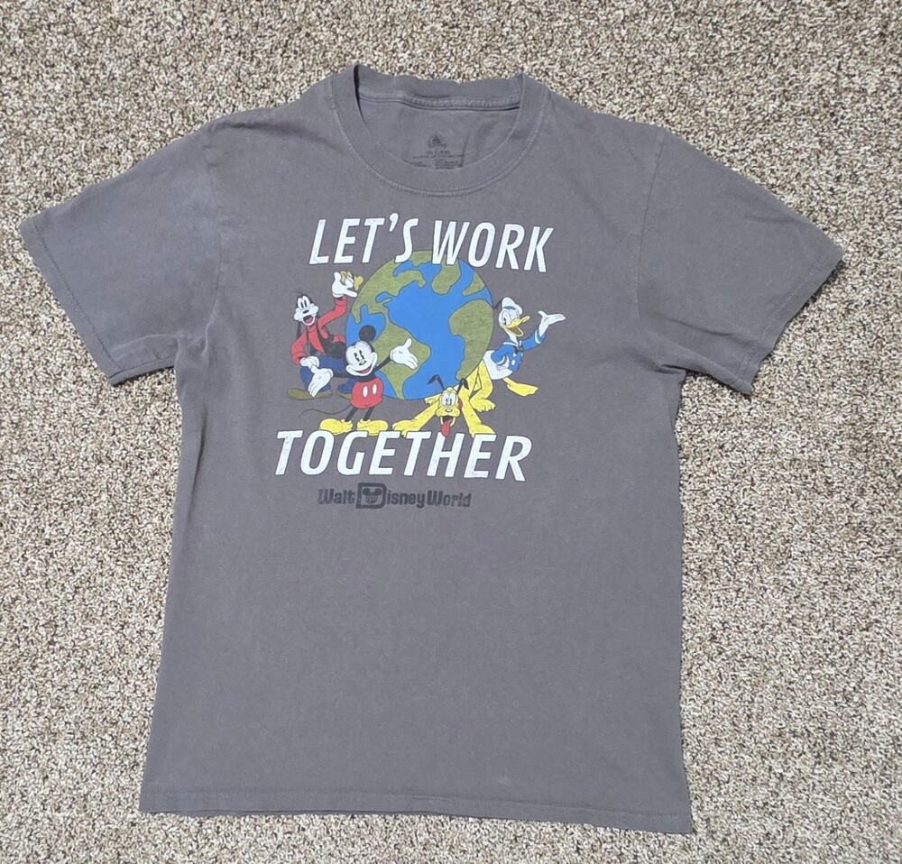 Disney Parks Earth Day Shirt Youth XL Gray Mickey Donald Goofy Work Together Tee